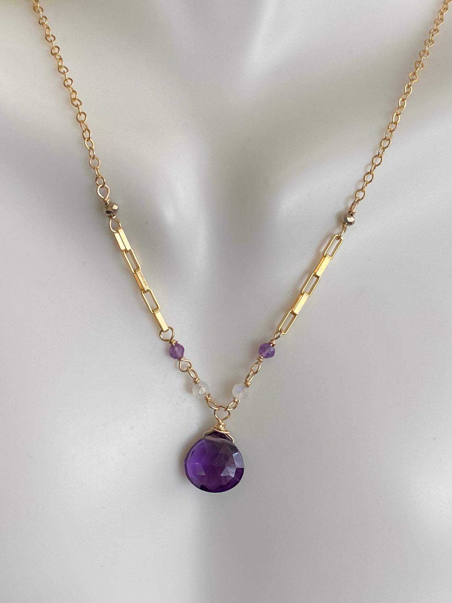 Amethyst with moonstone, amethyst, & pyrite rondelles