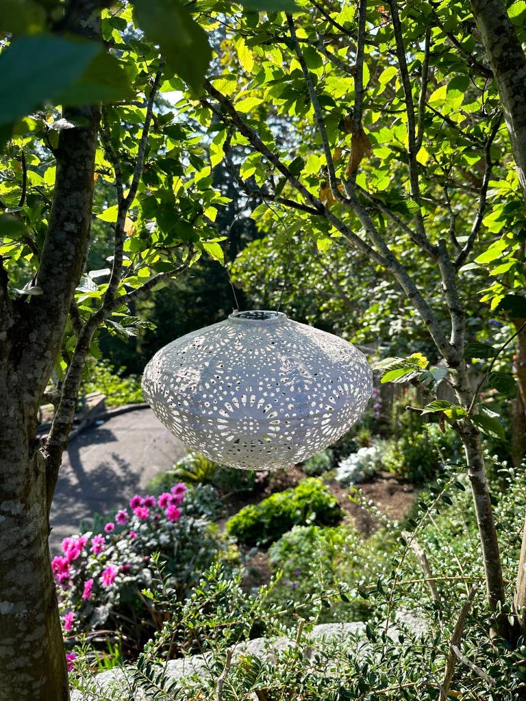 Stella Crown Chantilly Lace 13" Solar Lantern - Porcelain