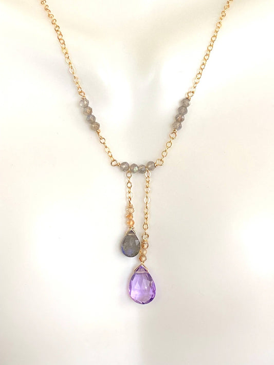 Pink amethyst, labradorite, & sunstone asymmetrical necklace