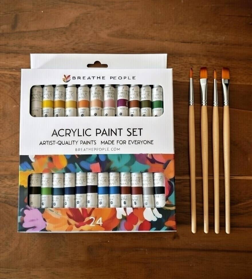 24 Color Acrylic Paint Set + Brushes - Beginner Art Supplies