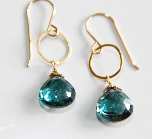 London Blue Topaz Gold Earrings - Heart Shaped Gems