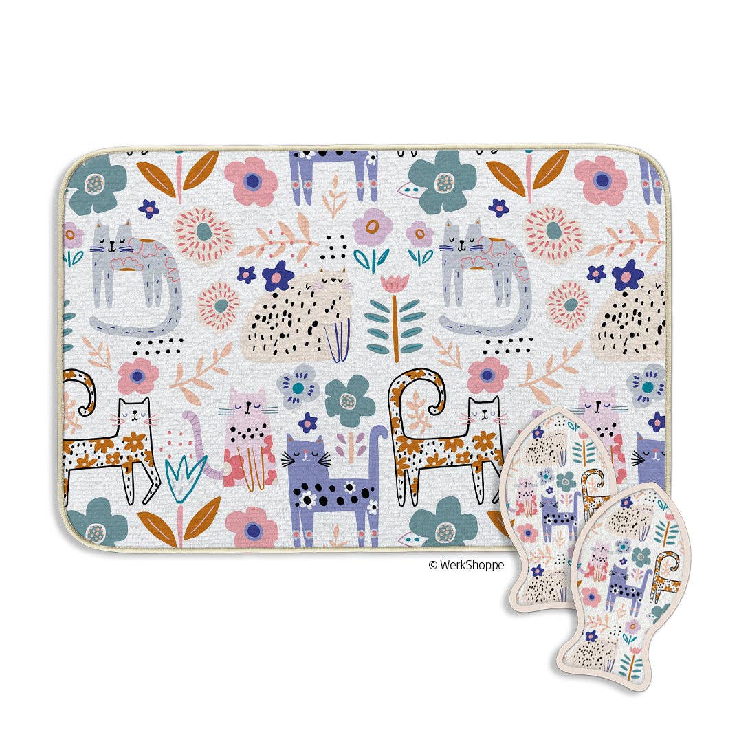 Floral Cat Bowl Mat & Scrubbie Set, Cat Lover Gift