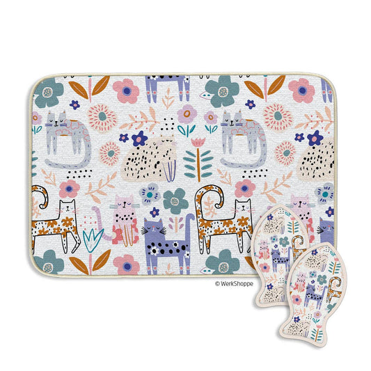 Floral Cat Bowl Mat & Scrubbie Set, Cat Lover Gift