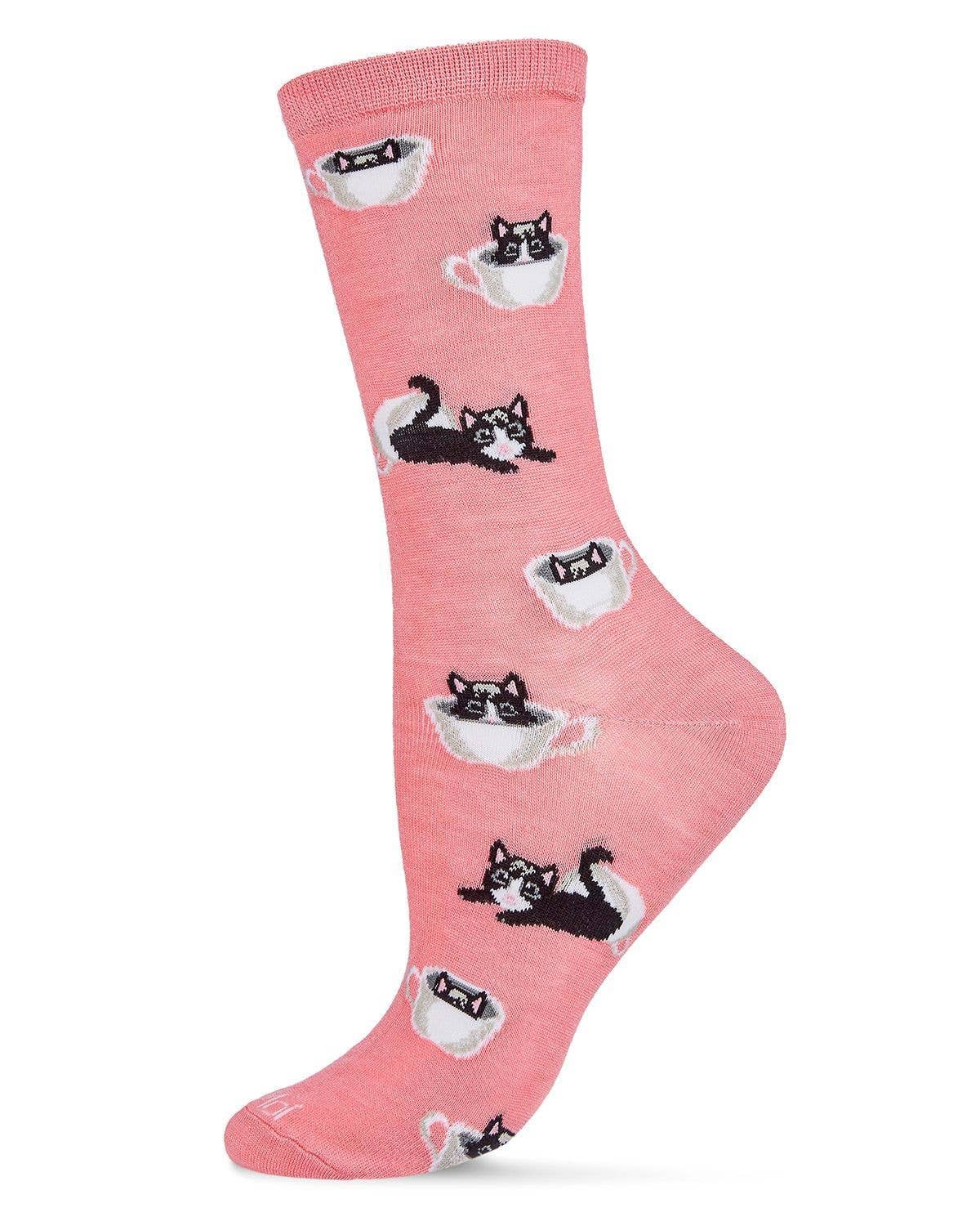MeMoi Cup o' Cats Bamboo Blend Crew Socks