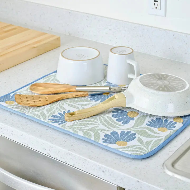 Blue Coneflower Microfiber Dish Drying Mats, Ultra Absorbent
