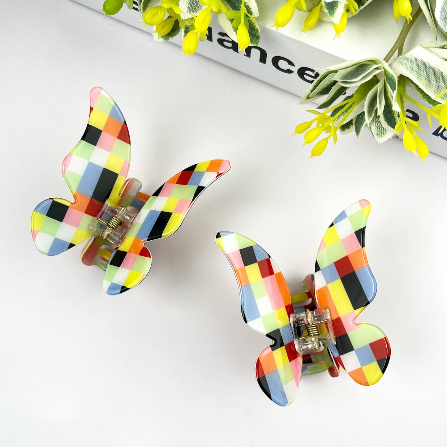 Colorful Checkerboard Butterfly Hair Claw Clip