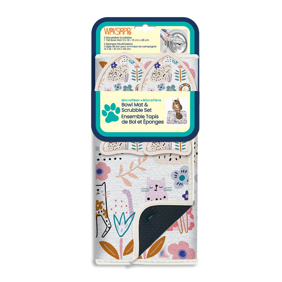 Floral Cat Bowl Mat & Scrubbie Set, Cat Lover Gift