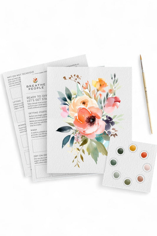 Brilliant Bouquet Watercolor Paint Set, Beginner Kit with Practice Sheets