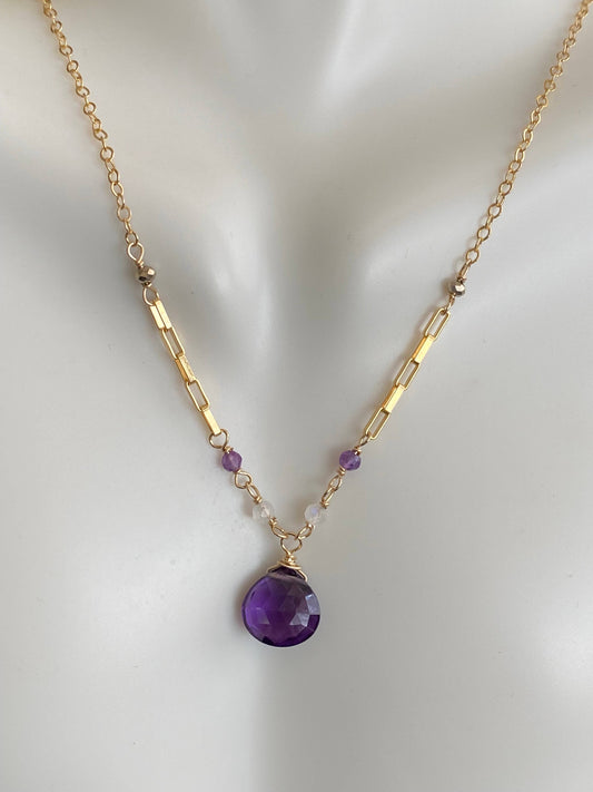 Amethyst with moonstone, amethyst, & pyrite rondelles